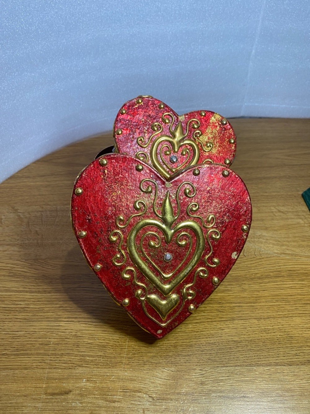 2 Nesting Red Decorative Heart Trinket Box with Gold Tone Accents